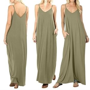 Zenana Cami Spaghetti Strap Dark Army Green Maxi Dress With Pockets Size M